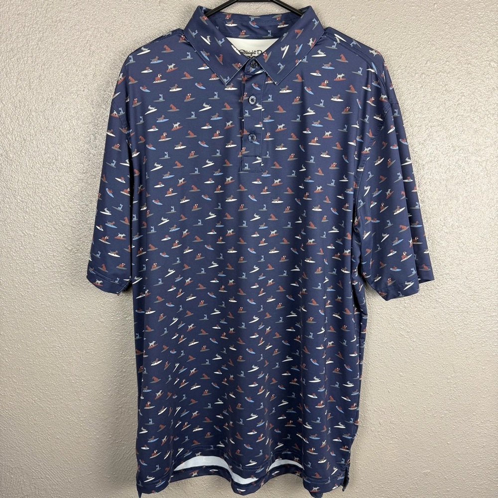 Straight Down Performance Polo Shirt Men’s XL Blue Dog Surf Print Golf Stretch